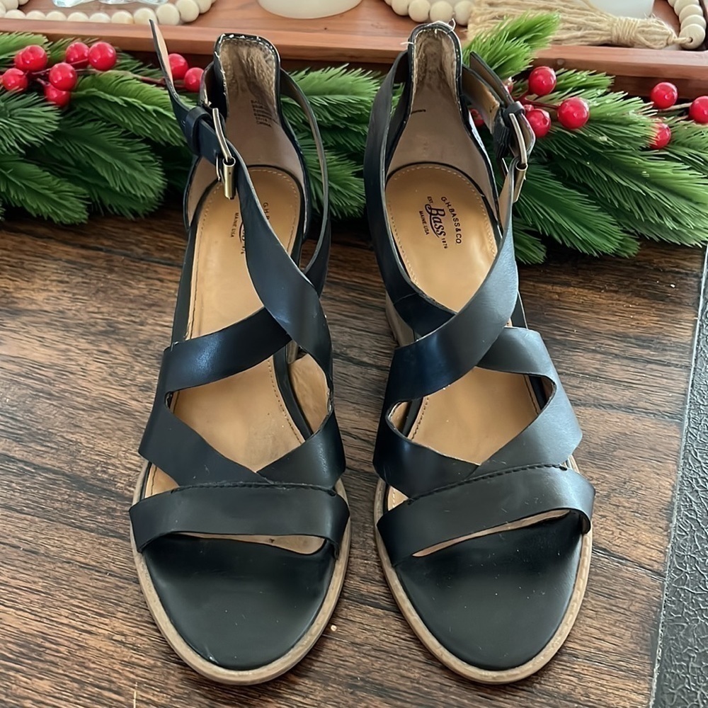 GH Bass & Co RENAE wedges black faux leather open toe sandal heels | size 9 - Picture 6 of 10